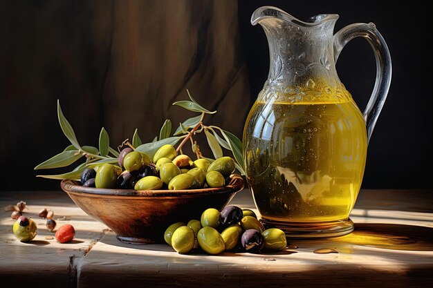 olijven zitten naast een kruik olijfolie op een tafel in de stijl van krachtige symboliek