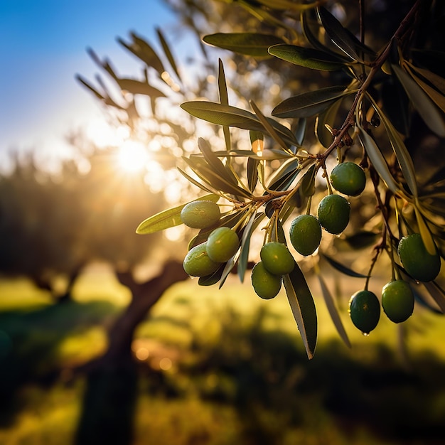 Olive branch in a farm with blue sky in a sunny day