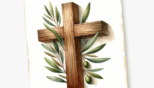 Olive branch interwoven with a wooden cross