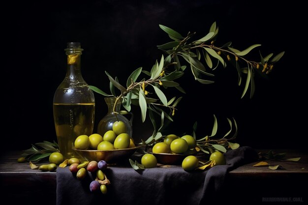 Olive Branch and Oil on Dark Surface