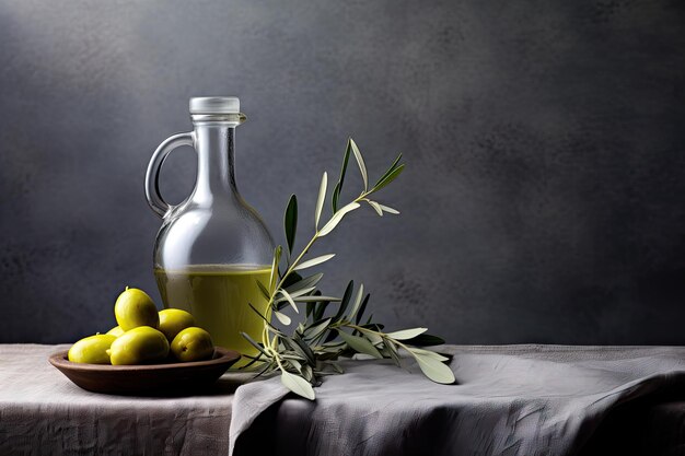 Olive branch and oil on gray table