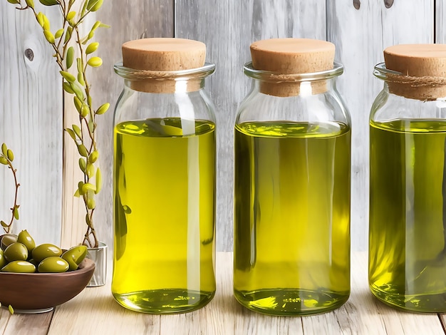 Olive branch and Olive oil on a wooden table