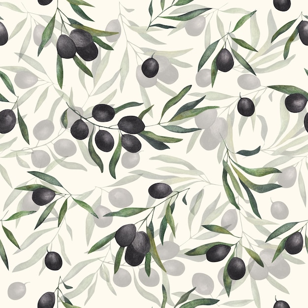 Olive branch Watercolor illustration Seamless pattern