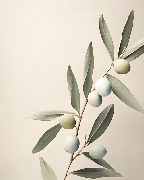 Olive branch with green olives on a light background