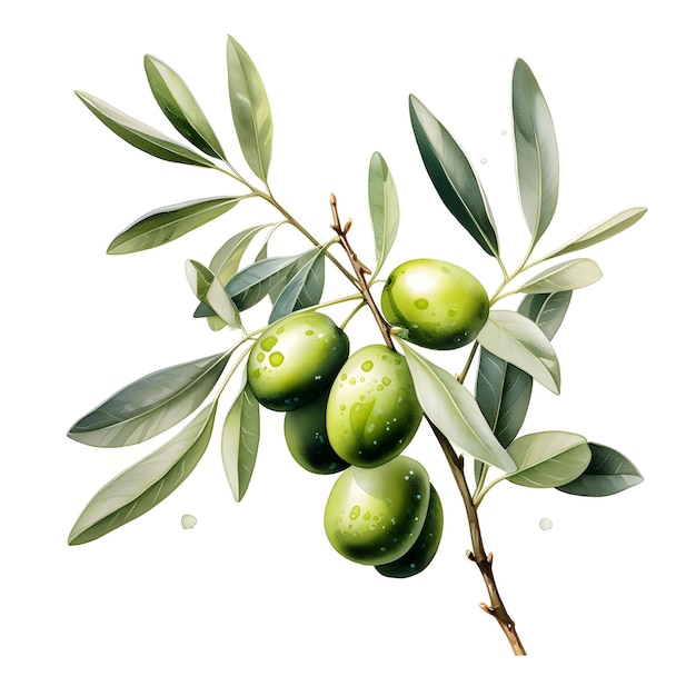 Olive branch with green olives watercolor illustration