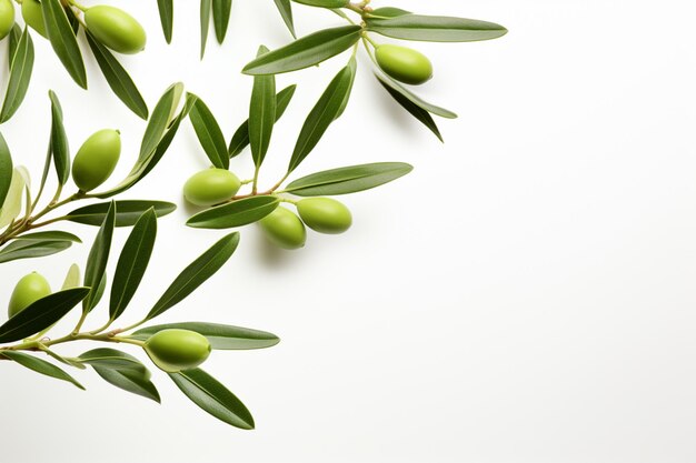 Foto ramo d'olivo con olive verdi su sfondo bianco vista dall'alto