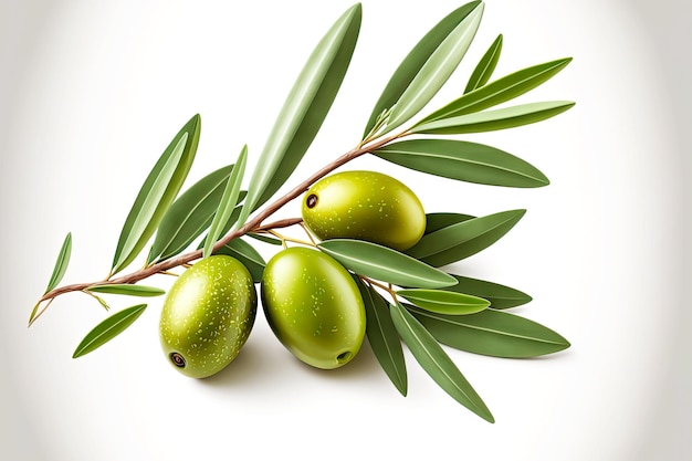 Olive branch with leaves and greek olives on white background