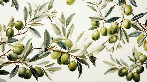 Olive Branches and Fruits Watercolor Pattern on White