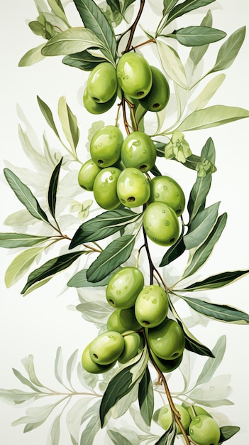Оливковые ветви и фрукты Акварель текстура