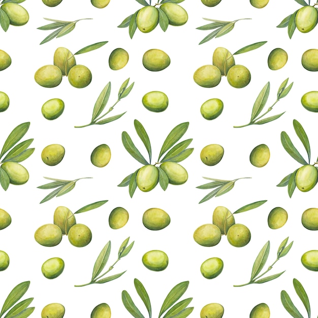 Olive branches leaves and fruits Watercolor seamless pattern Olives on white background