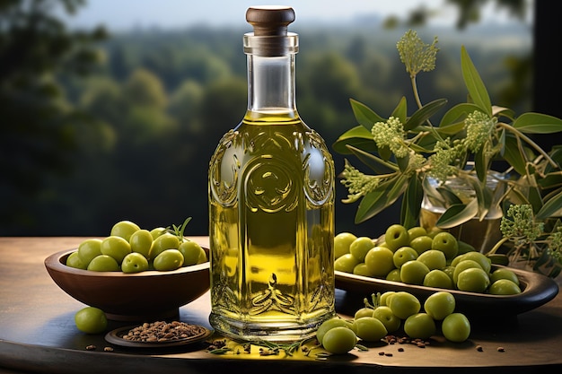 Olive brunch or twig with oil bottle i on light background generative ai