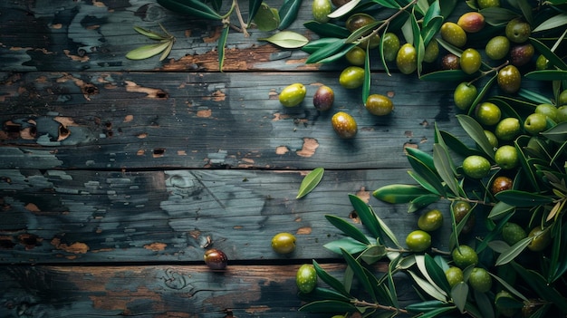 Olive fruit laying on wooden table background
