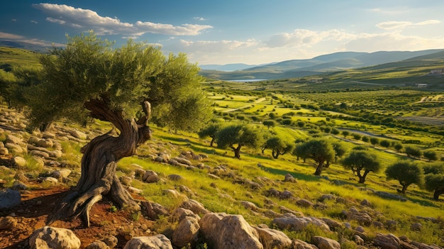 Olive grove on a mountainside farm landscape with copy space idea for background