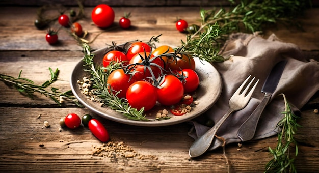 An olive herbs tomatoes and fork on a wooden table