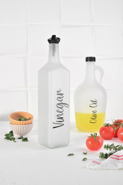 Фото Стеклянные бутылки из-под оливкового масла и уксуса