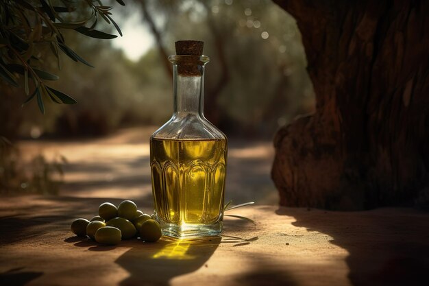 Olive oil on background of olive grove generative ai