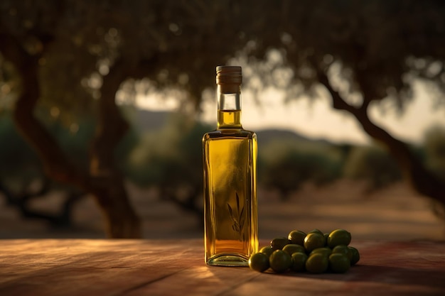 Olive oil on background of olive grove generative ai