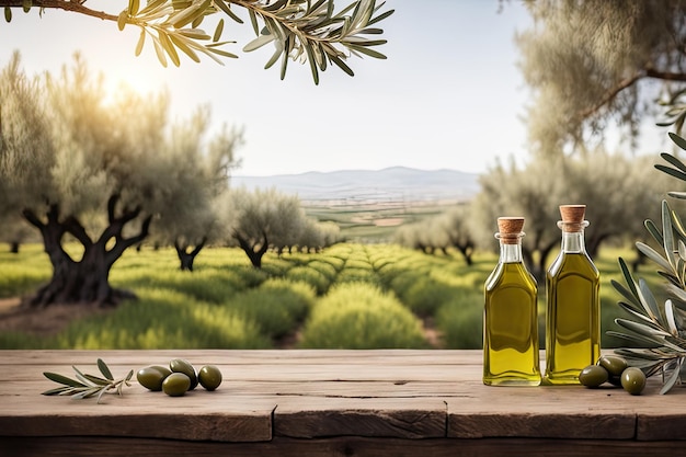 Olive oil on background of olive grove