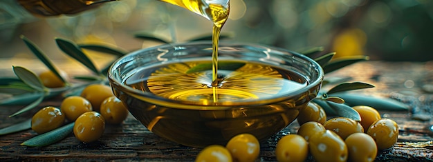 olive oil being poured into a bowl of olive oil