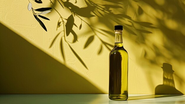 Photo olive oil bottle ad background with copyspace vegetable oil commercial produce food industry and