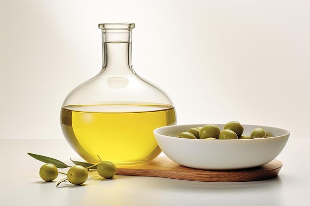 olive oil bottle and bowl on white background in the style of mediterraneaninspired