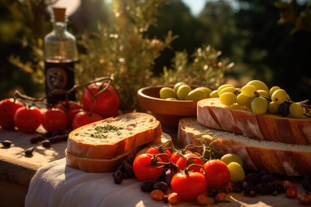 Olive oil in bottle bread and vegetables on table outdoors picnic in nature