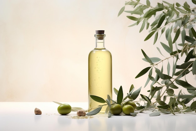地中海の宝物の豊かな風味と自然の優雅さを醸し出すオリーブオイルのボトルと新鮮なオリーブ