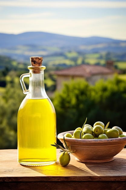 Foto una bottiglia di olio d'oliva e olive fresche che trasudano i ricchi sapori e l'eleganza naturale di questo tesoro mediterraneo