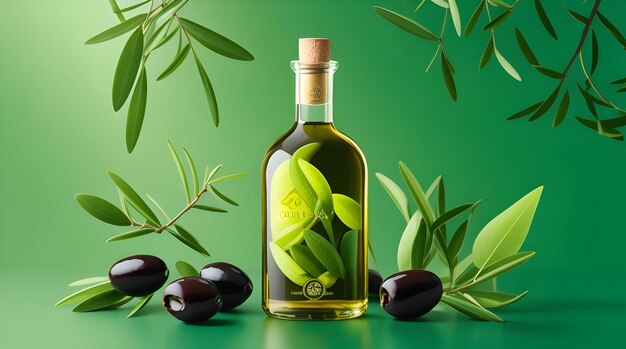 Olive oil in a bottle green olives and olive tree branches Drop of oil splash