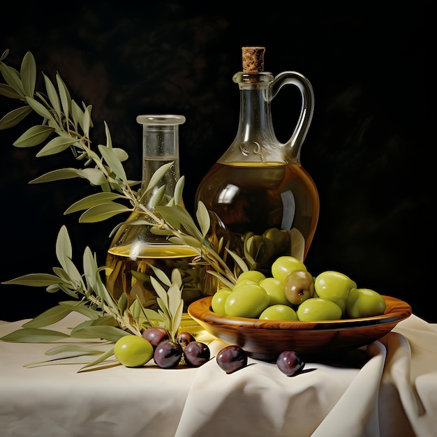 Olive oil in a bottle and olives on a dark background