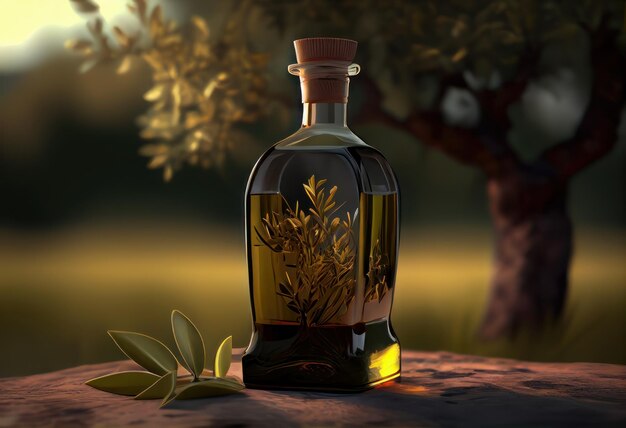 Olive oil bottle and olives and leaves on natural background Generative AI