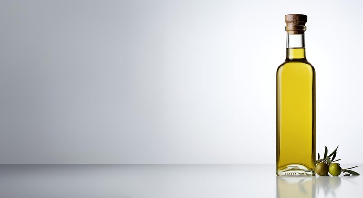 Photo olive or oil bottle on white background with space for text