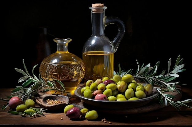 Olive Oil Bottle with Olives and Leaves Generative AI