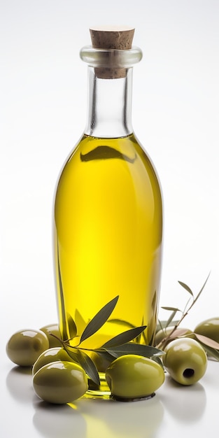 Olive oil in a bottle with olives on a white background