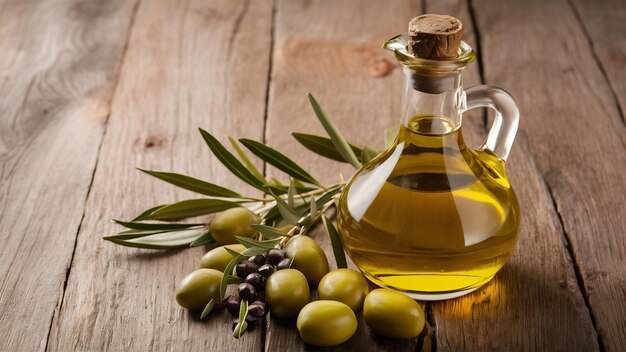 Olive oil in a bottle with olives