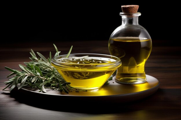 Photo olive oil bottle with a small bowl of herbinfused oil