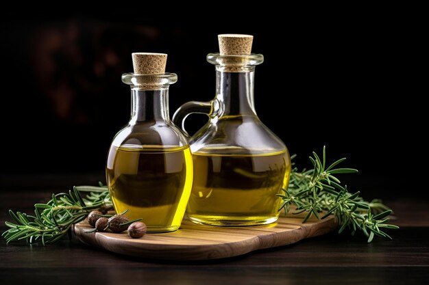 Photo olive oil bottle with a small bowl of herbinfused oil