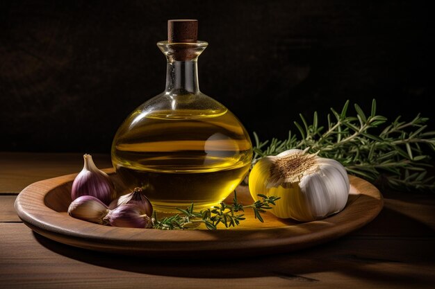 Photo olive oil bottle with a small bowl of herbinfused oil