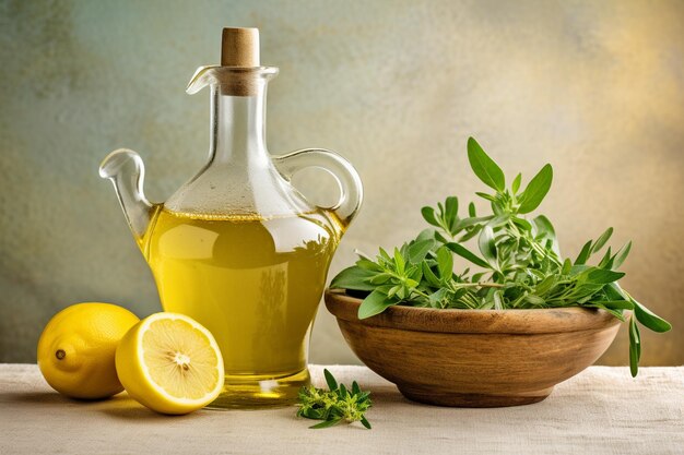 Photo olive oil bottle with a small bowl of herbinfused oil