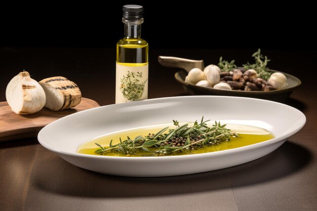 Photo olive oil bottle with a small bowl of herbinfused oil