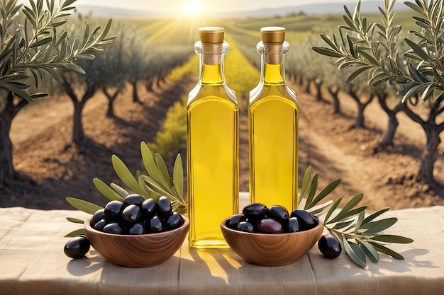olive oil bottles with olive leaves