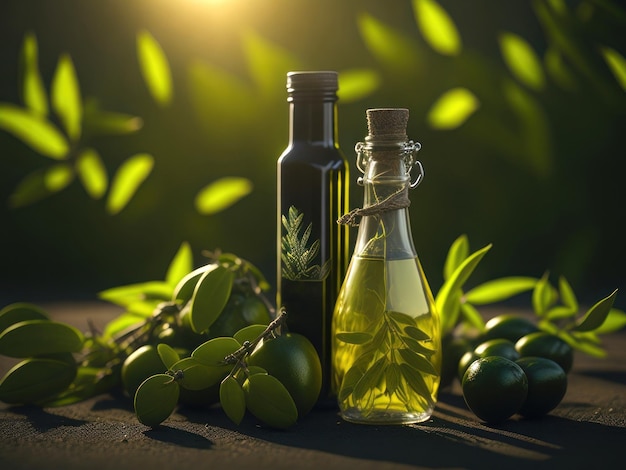 Бутылки оливкового масла с листьями оливок, сгенерированные искусственным интеллектом