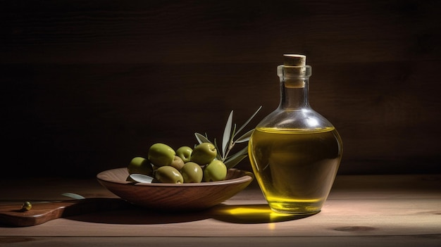 Olive oil in a bowl next to a bowl of olives.