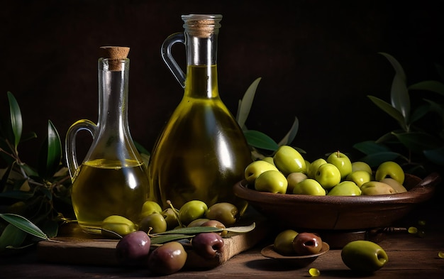 Olive oil and a bowl of olives