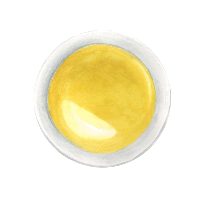 Photo olive oil bowl top view hand drawn watercolor illustration on a white background for menu product