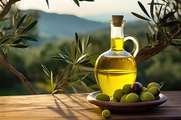 Оливковое масло и ветка на фоне природы стола
