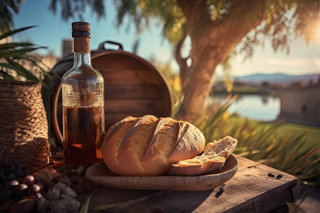 Olive oil and bread on a table at a farm