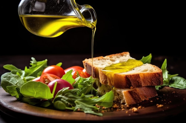 Оливковое масло, пролитое на свежий салат или хлеб, приготовленный с помощью генеративного аи