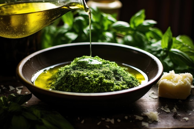 Olive oil drizzling into a bowl of pesto ingredients