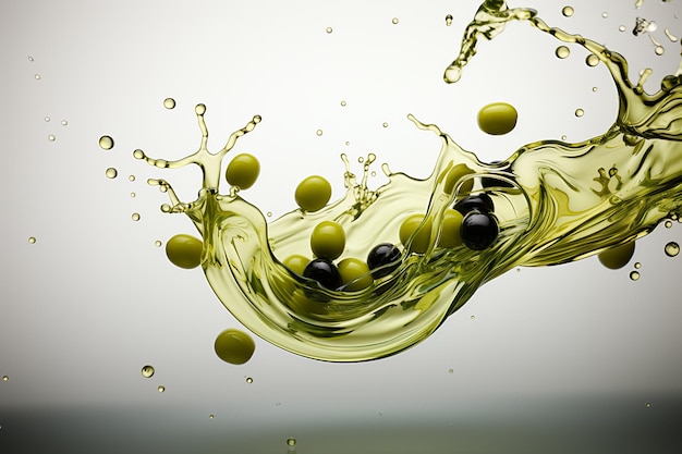 Foto olio d'oliva che cade formando un vortice con olive nere e verdi